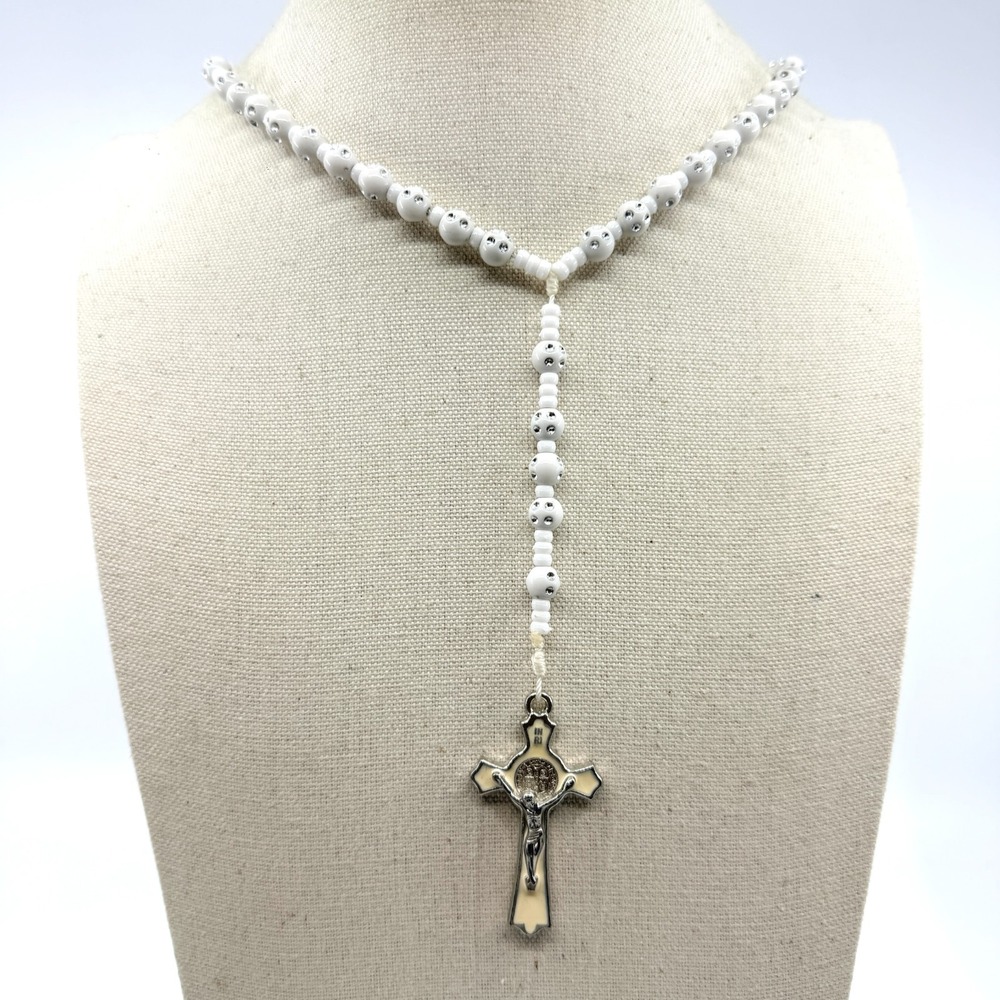 VTG St Benedict Crucifix Rosary Necklace White Enamel Crystal Religious Jewelry